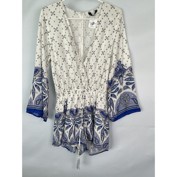 NEW Haute Rogue Long Sleeve Romper White/Blue Floral | Size L - Picture 1 of 10